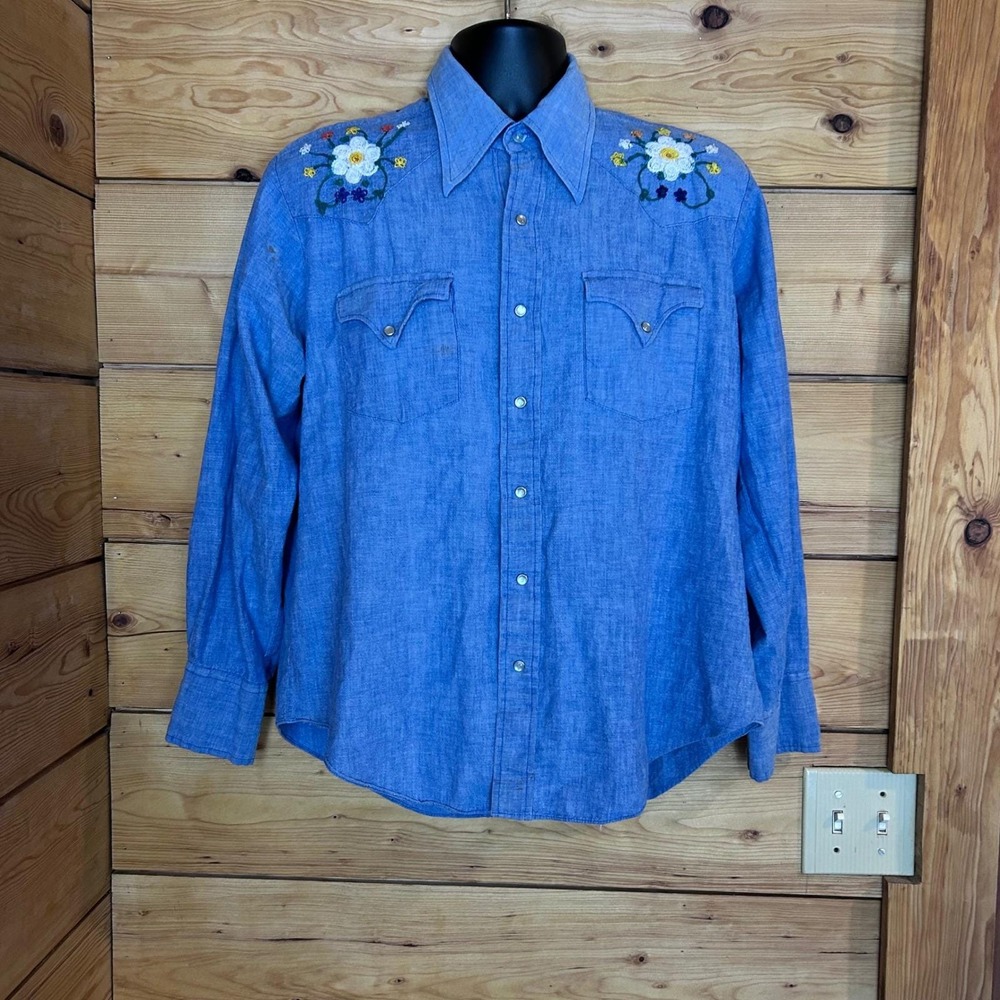 Vintage Western Shirt Large Blue Embroidered Pearl Snap Dagger Collar Caravan